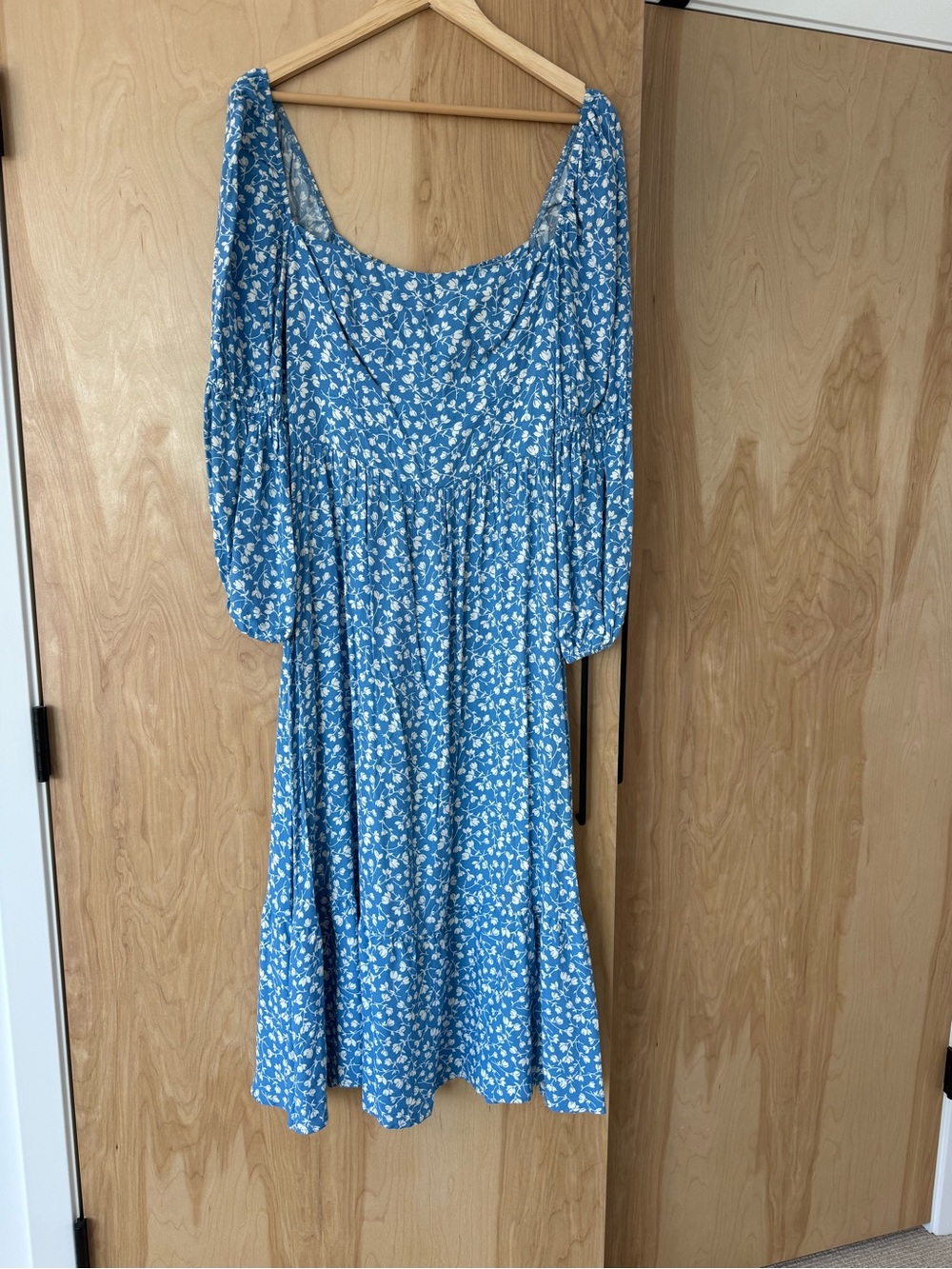 Reformation Blue Floral Midi Dress with Puff Sleeves